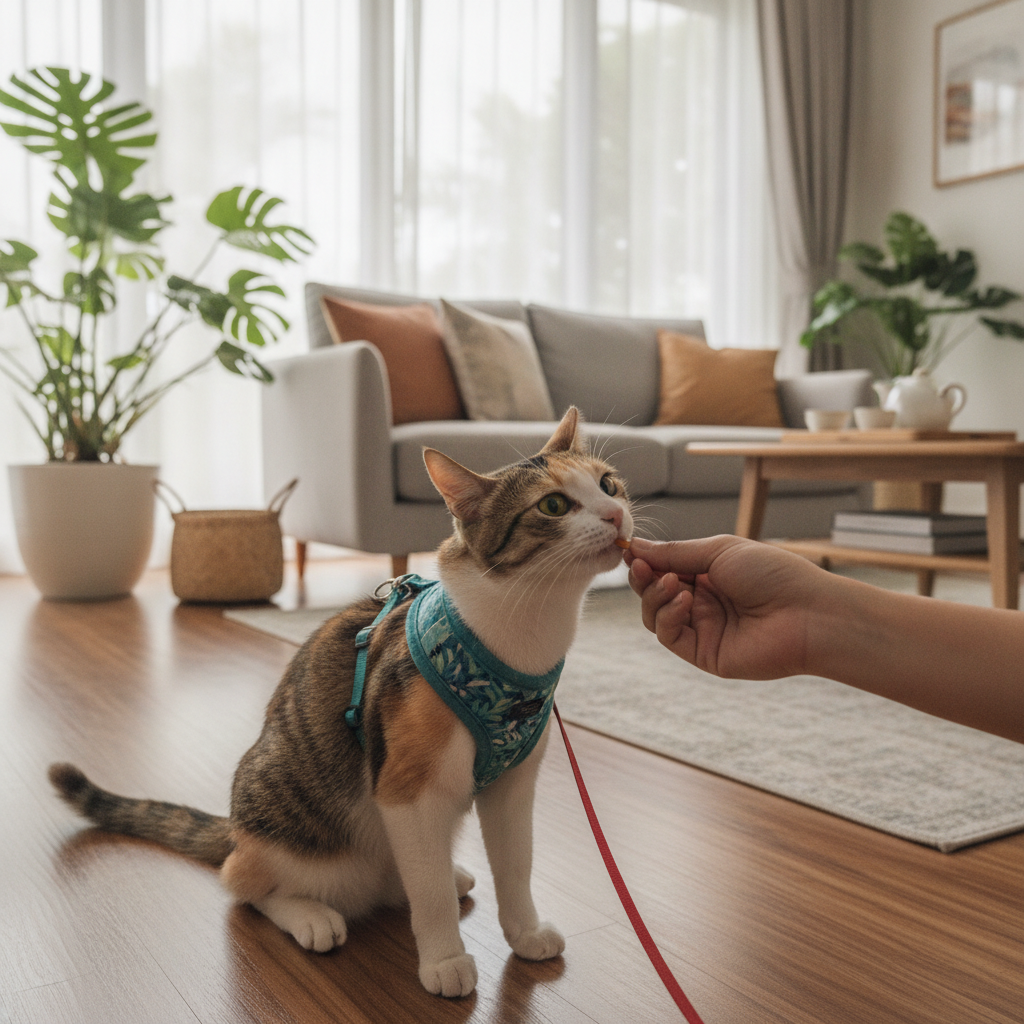 Kucing memakai harness diberi makanan ringan semasa latihan tali di dalam rumah