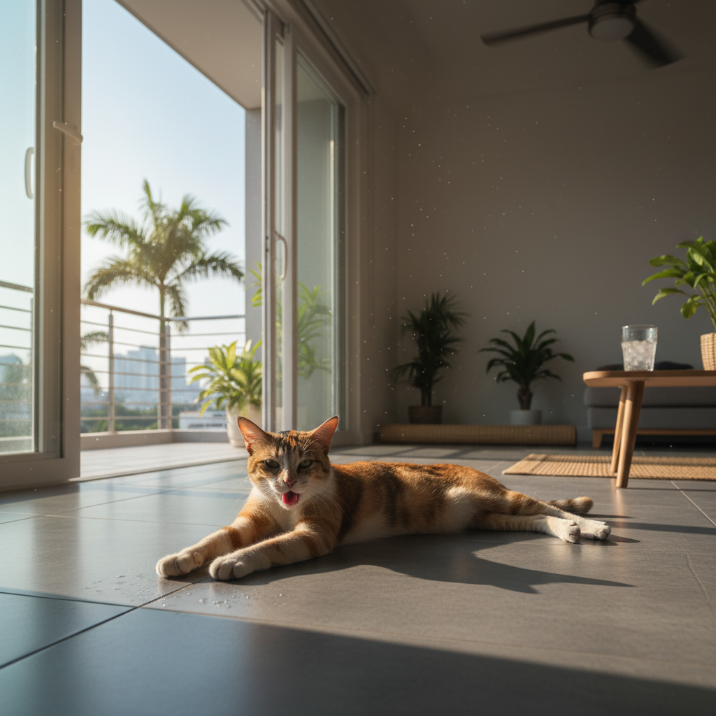 A cat sprawled flat on cool floor tiles trying to stay cool on a hot Malaysian day