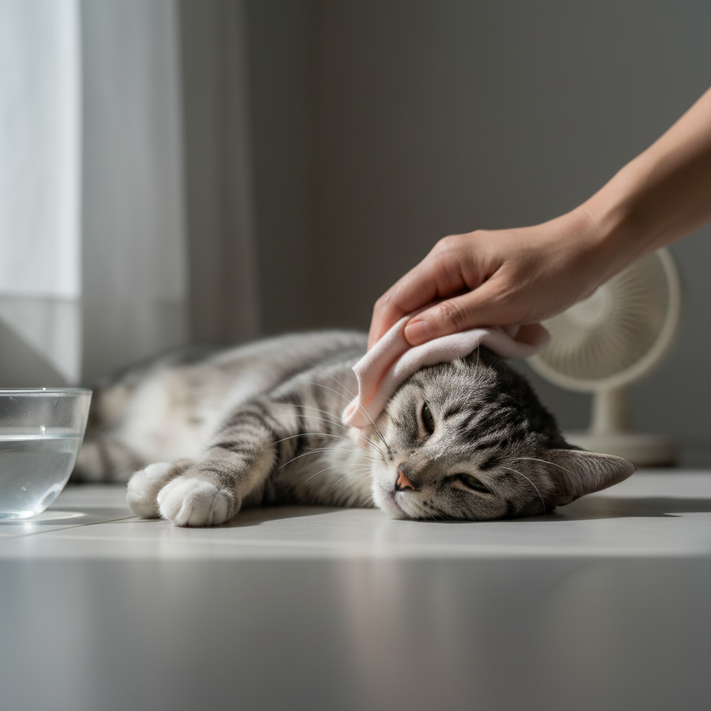 A cat owner cooling down an overheated cat with a damp cloth in the shade