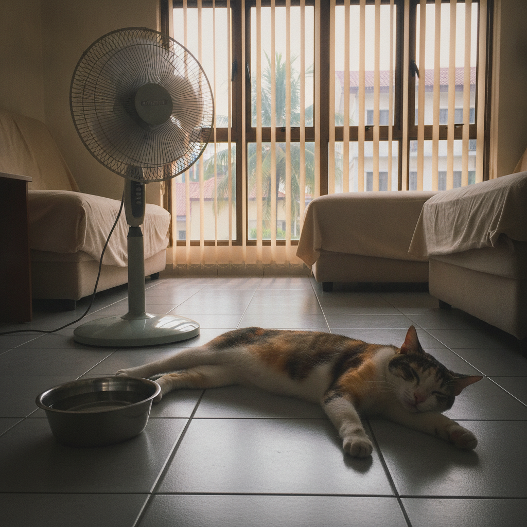 Seekor kucing baring bersantai di atas lantai jubin di depan kipas dalam apartmen Malaysia yang panas