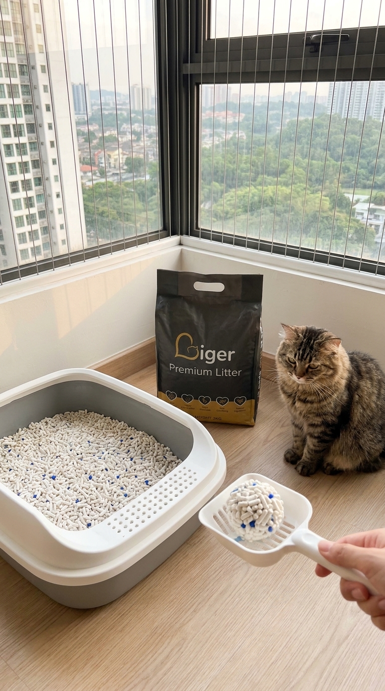 Persediaan kotak pasir dalam rumah yang bersih dengan beg Liger Premium Litter di dalam kondo Malaysia yang selamat