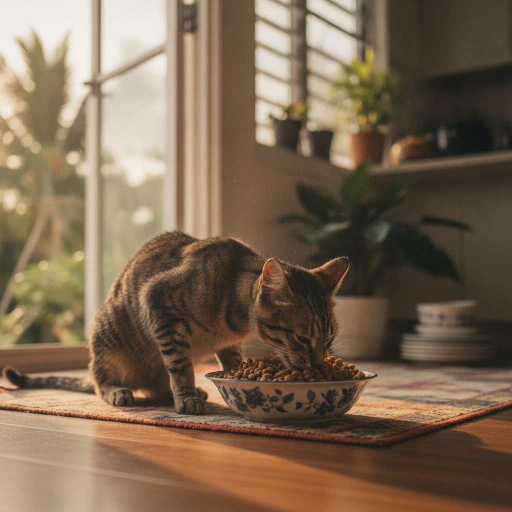 Seekor kucing tua yang kurus makan dengan rakus, menunjukkan penurunan berat badan walaupun selera makan besar