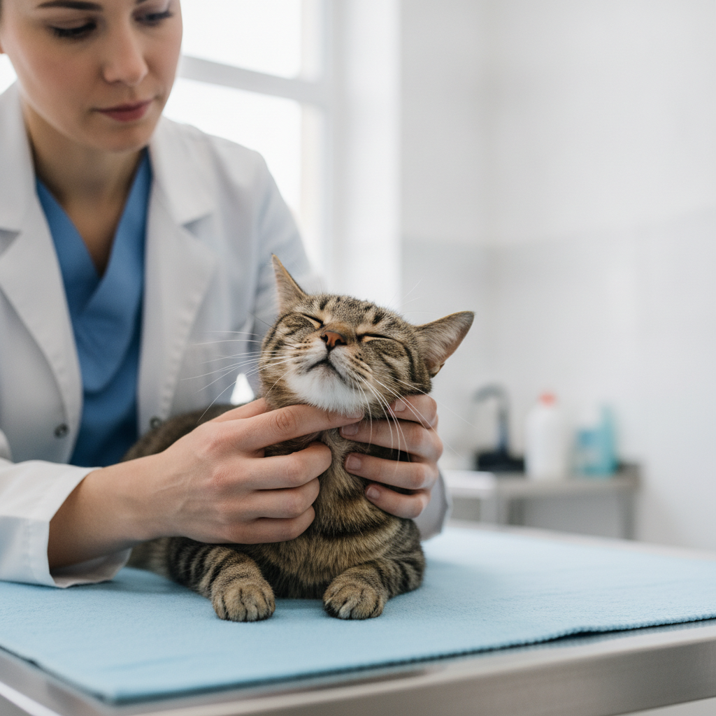 Seorang doktor haiwan memeriksa leher kucing untuk mengesan kelenjar tiroid yang membesar