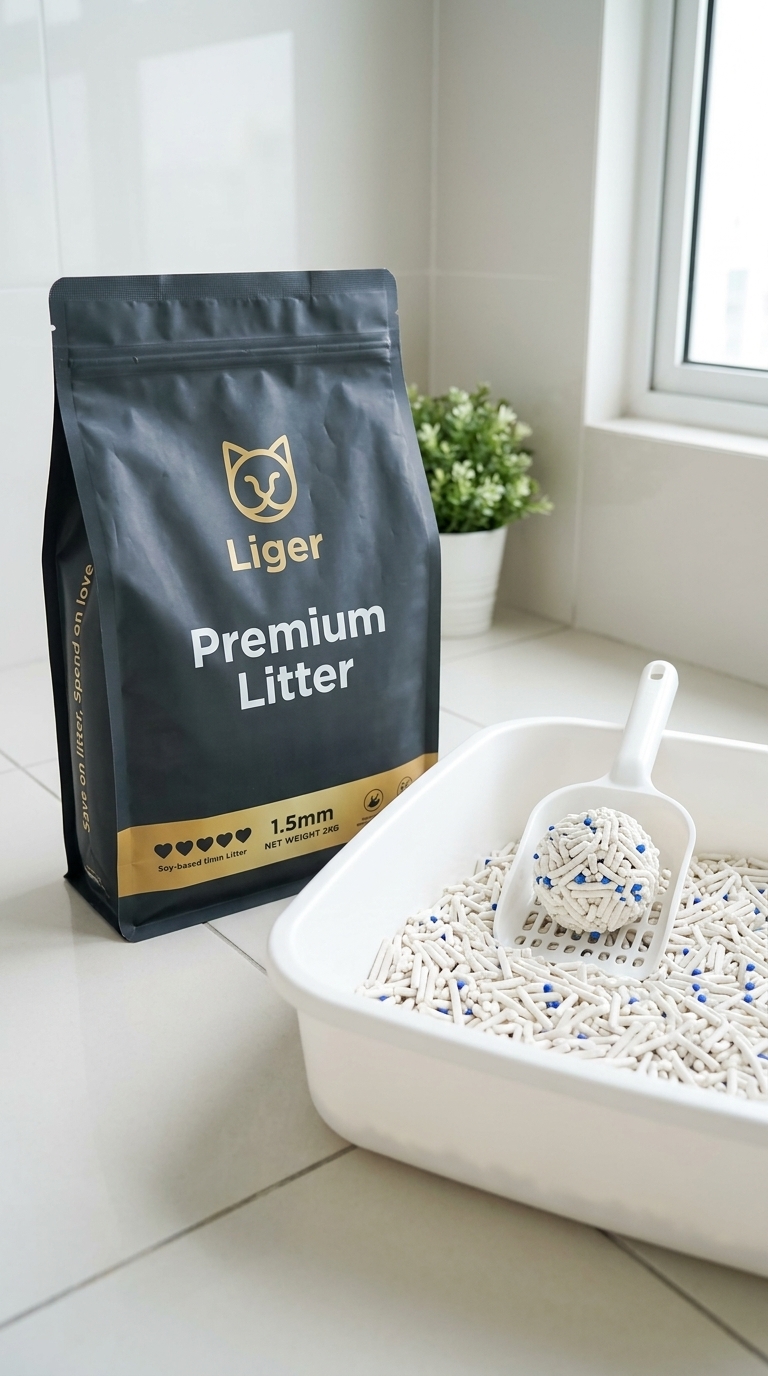 Beg Liger Premium Tofu Cat Litter di sebelah dulang pasir bersih yang menunjukkan ketulan air kencing teguh untuk pemantauan