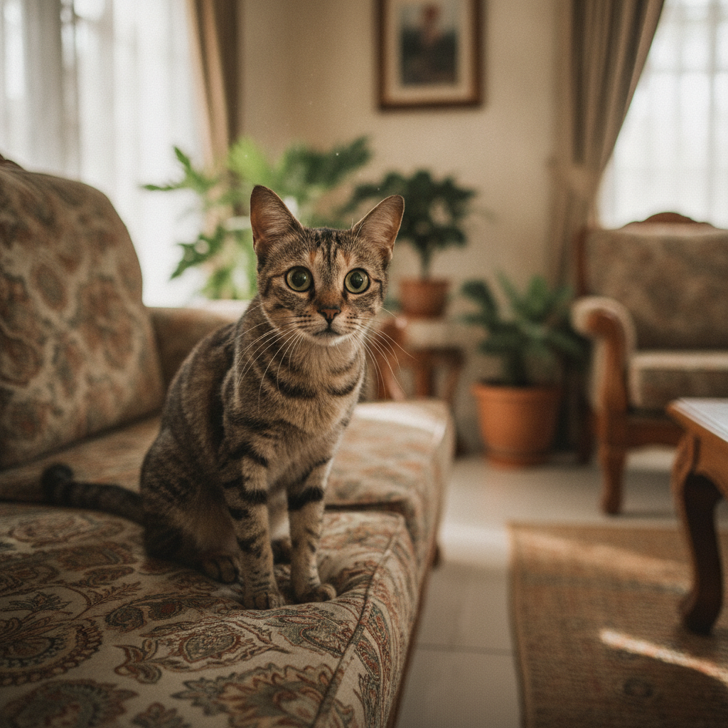 Seekor kucing tua yang kurus dan gelisah, mencerminkan keadaan hiperaktif akibat hipertiroidisme