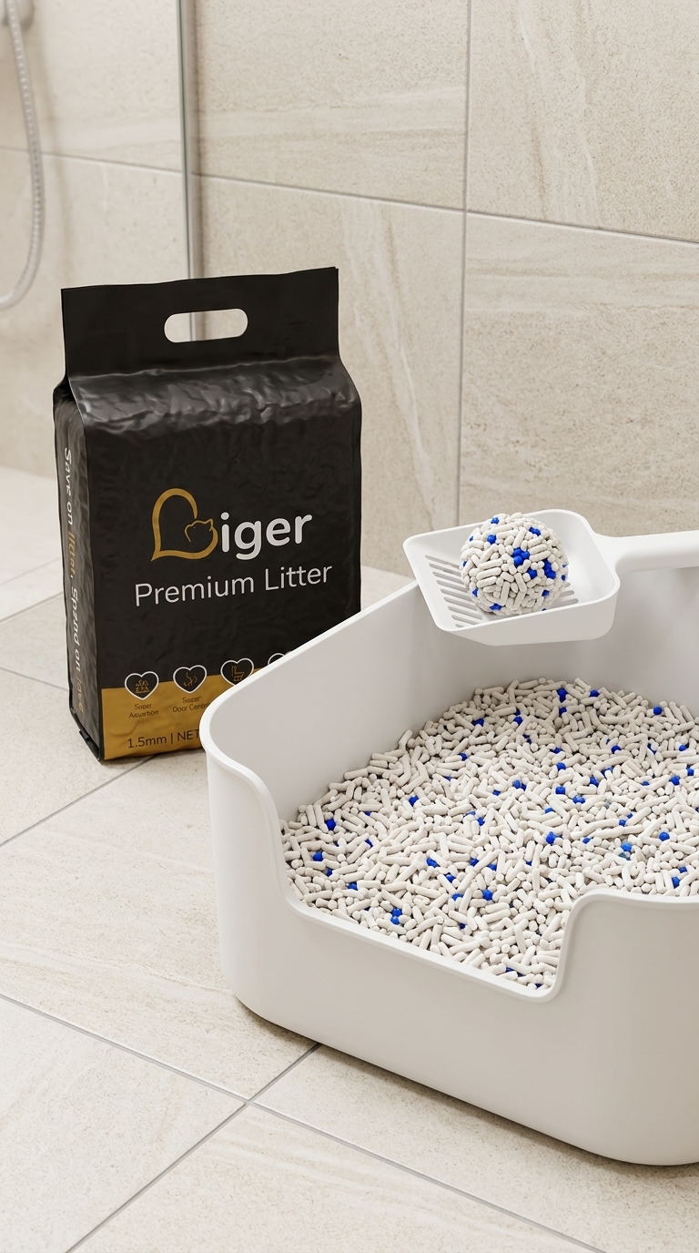Liger豆腐猫砂袋放在马来西亚家居浴室低进出口猫砂盆旁