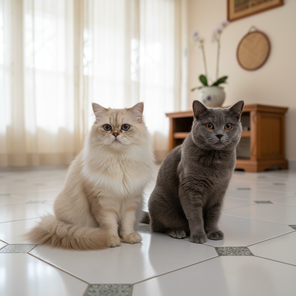 Persian cat and British Shorthair sitting together indoors