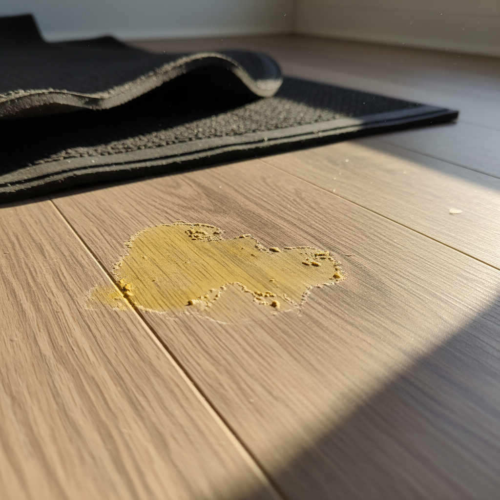 Yellow plasticizer stain on luxury vinyl plank floor caused by rubber-backed mat