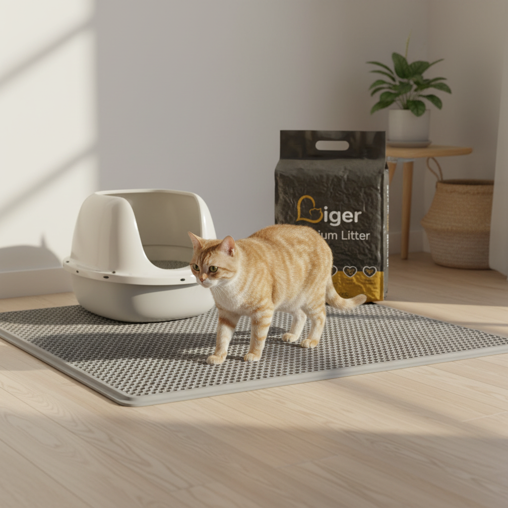 Senior cat walking across soft EVA foam litter mat for slip resistance