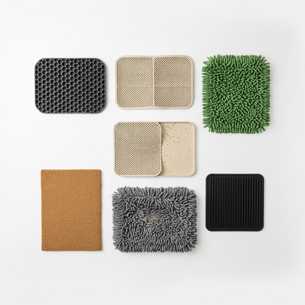 Six cat litter mat types laid out top-down for comparison test