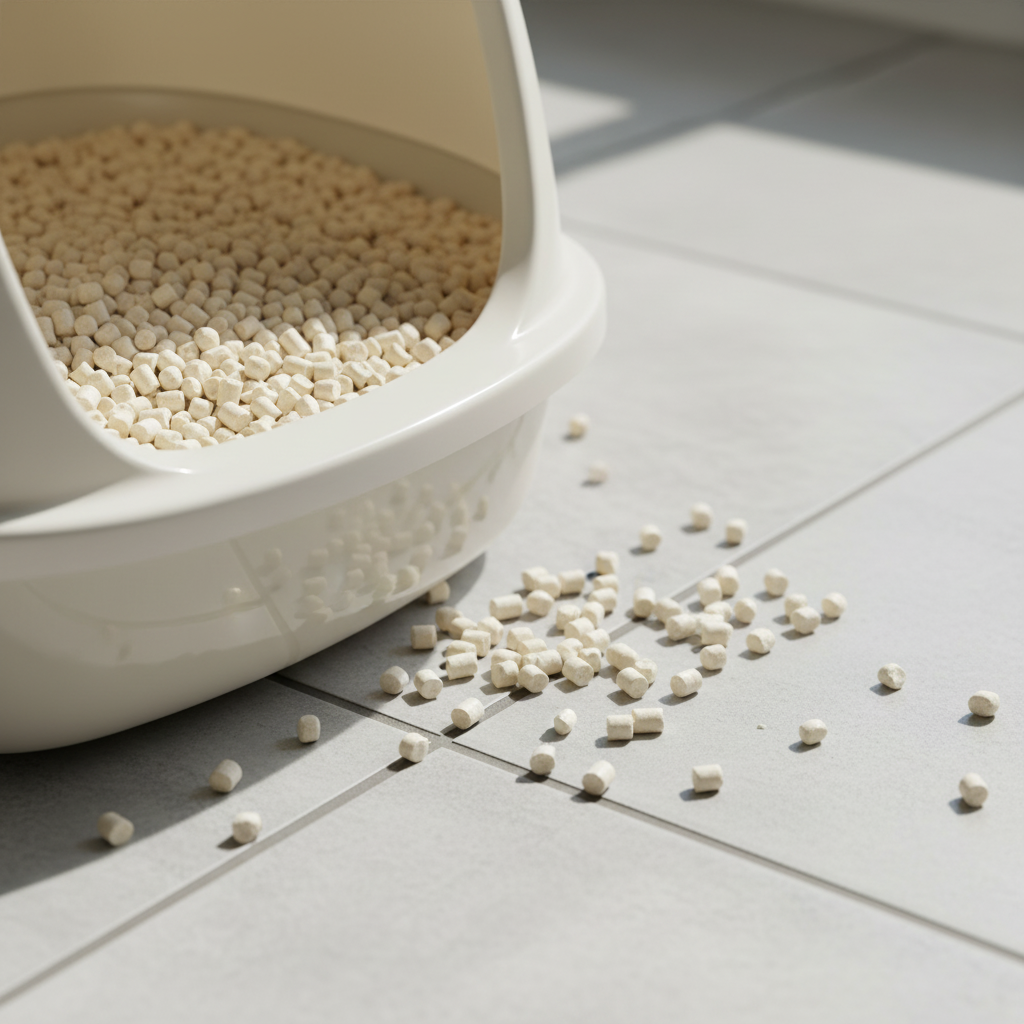 Tofu cat litter pellets showing minimal tracking compared to bentonite clay