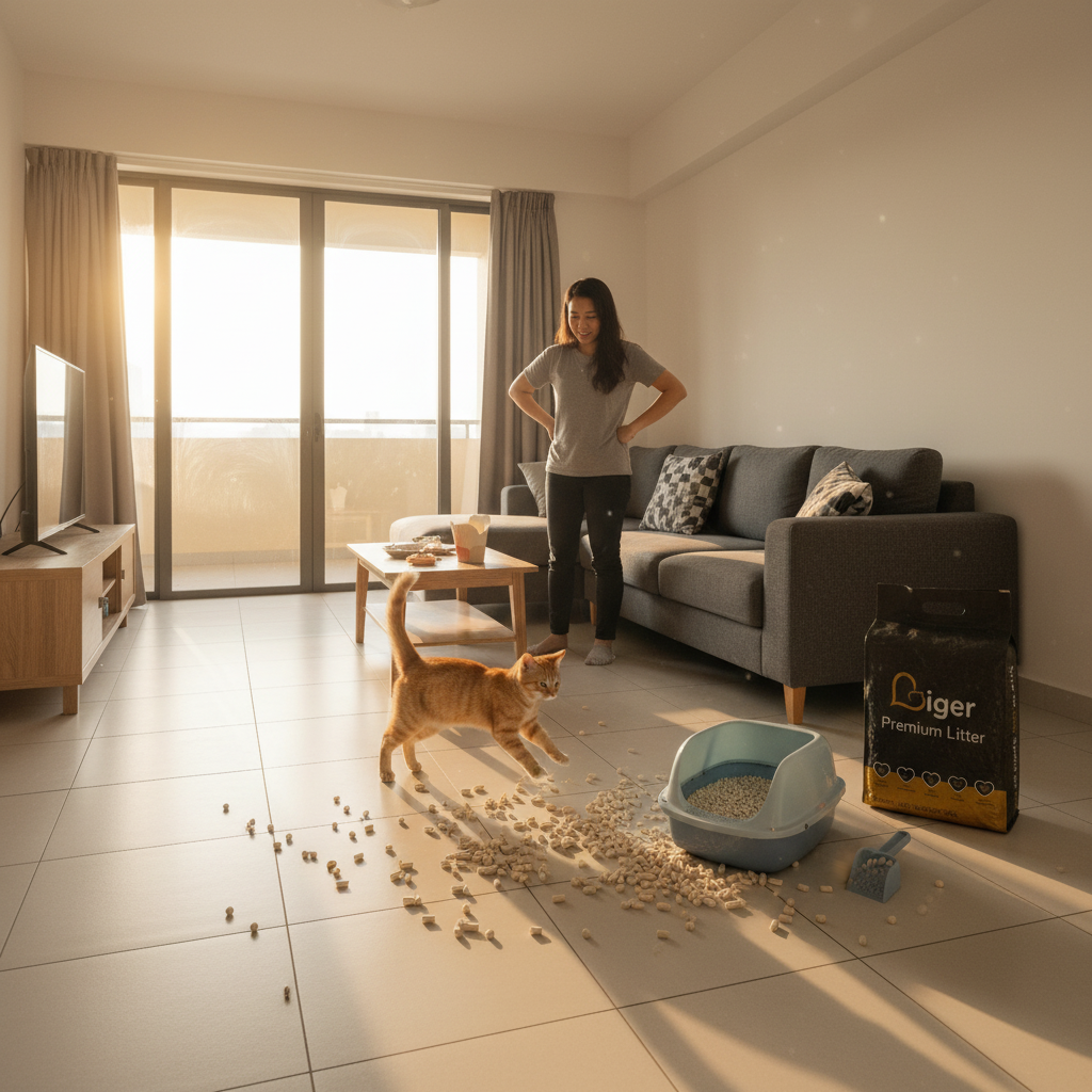Scattered cat litter pellets across Malaysian condo tile floor near litter box