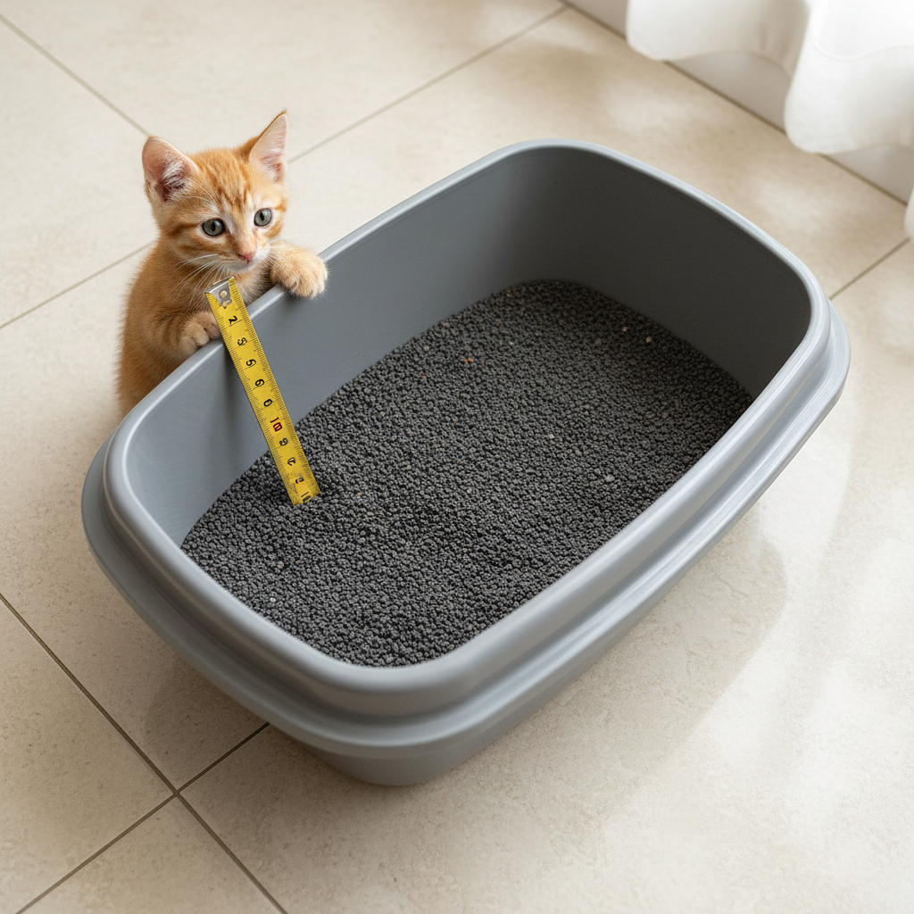 Overhead view of cat litter box with ruler showing correct 3-4 inch litter depth and curious orange kitten