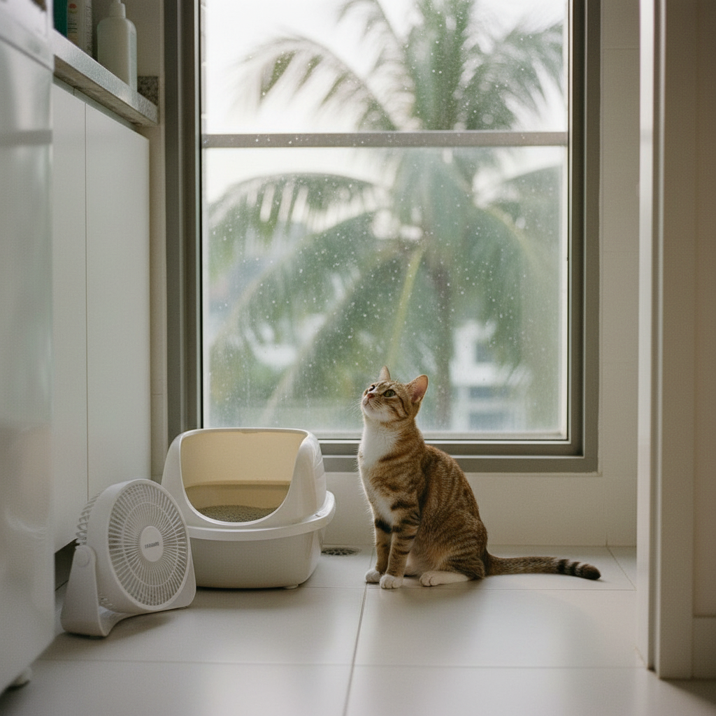 Clean cat litter box in a Malaysian condo laundry corner with a tabby cat nearby and tropical light through the window