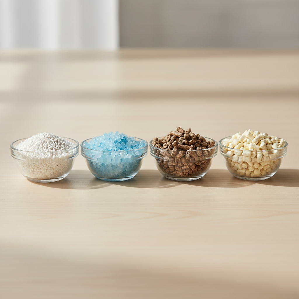 Four bowls comparing bentonite clay silica crystal pine pellet and tofu starch cat litter types side by side