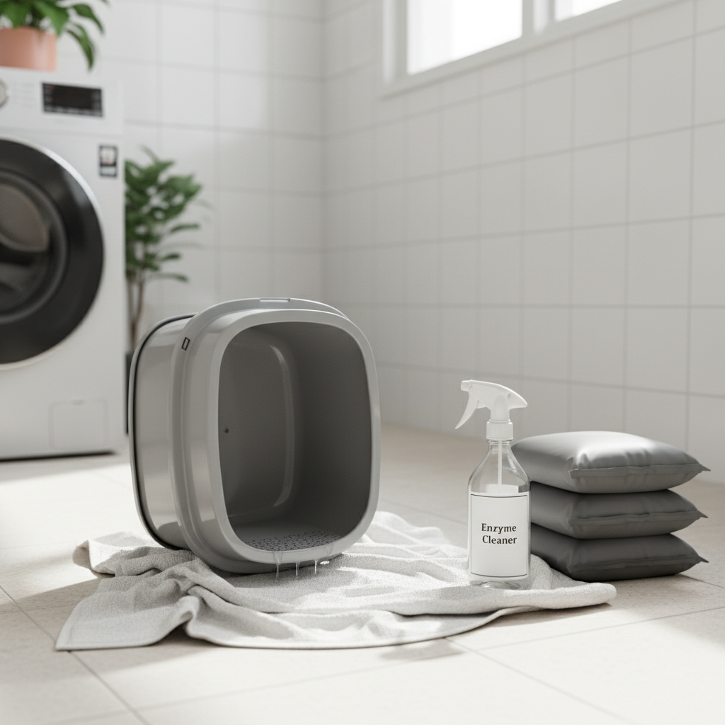 Clean empty cat litter box drying with enzyme cleaner spray bottle and fresh litter bags in Malaysian laundry area