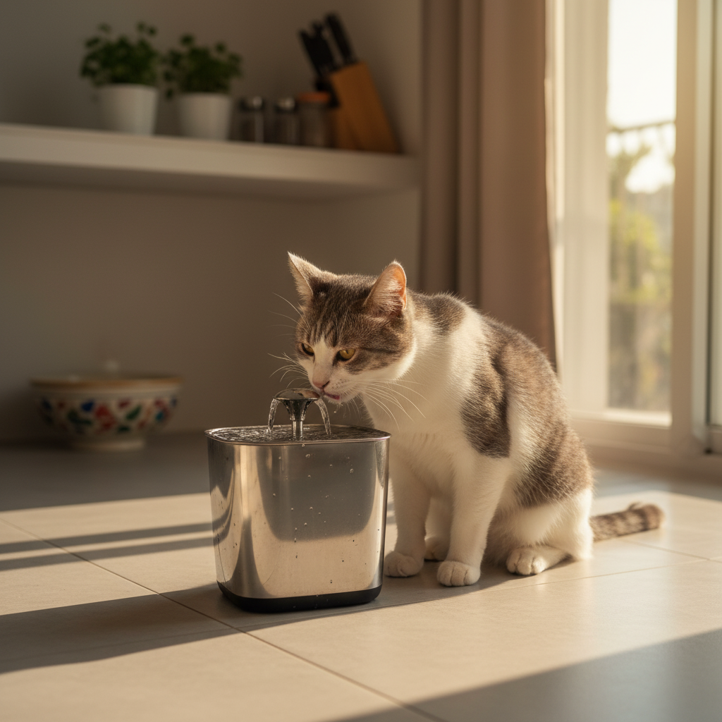 Grey and white cat drinking from a stainless steel water fountain in a sunlit Malaysian kitchen