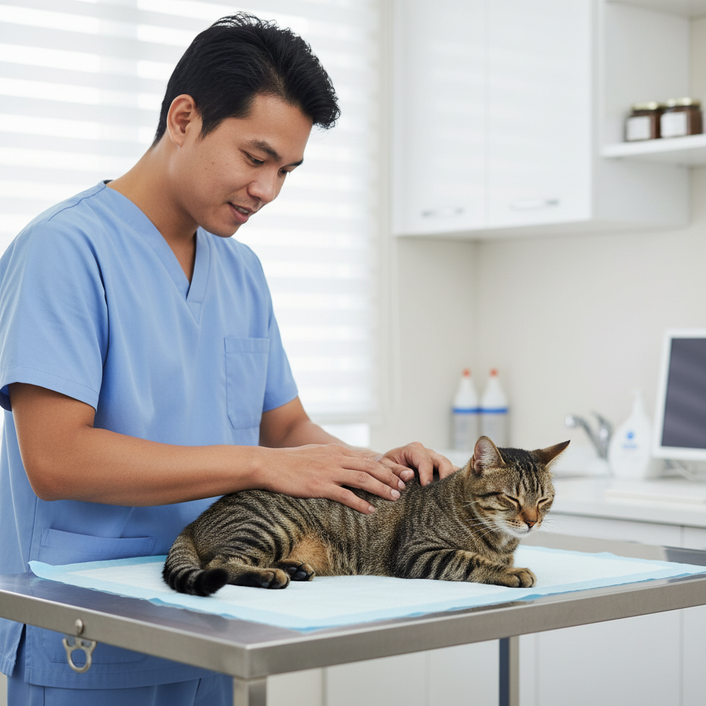 Malaysian veterinarian gently examining a calm tabby cat on examination table in modern clinic