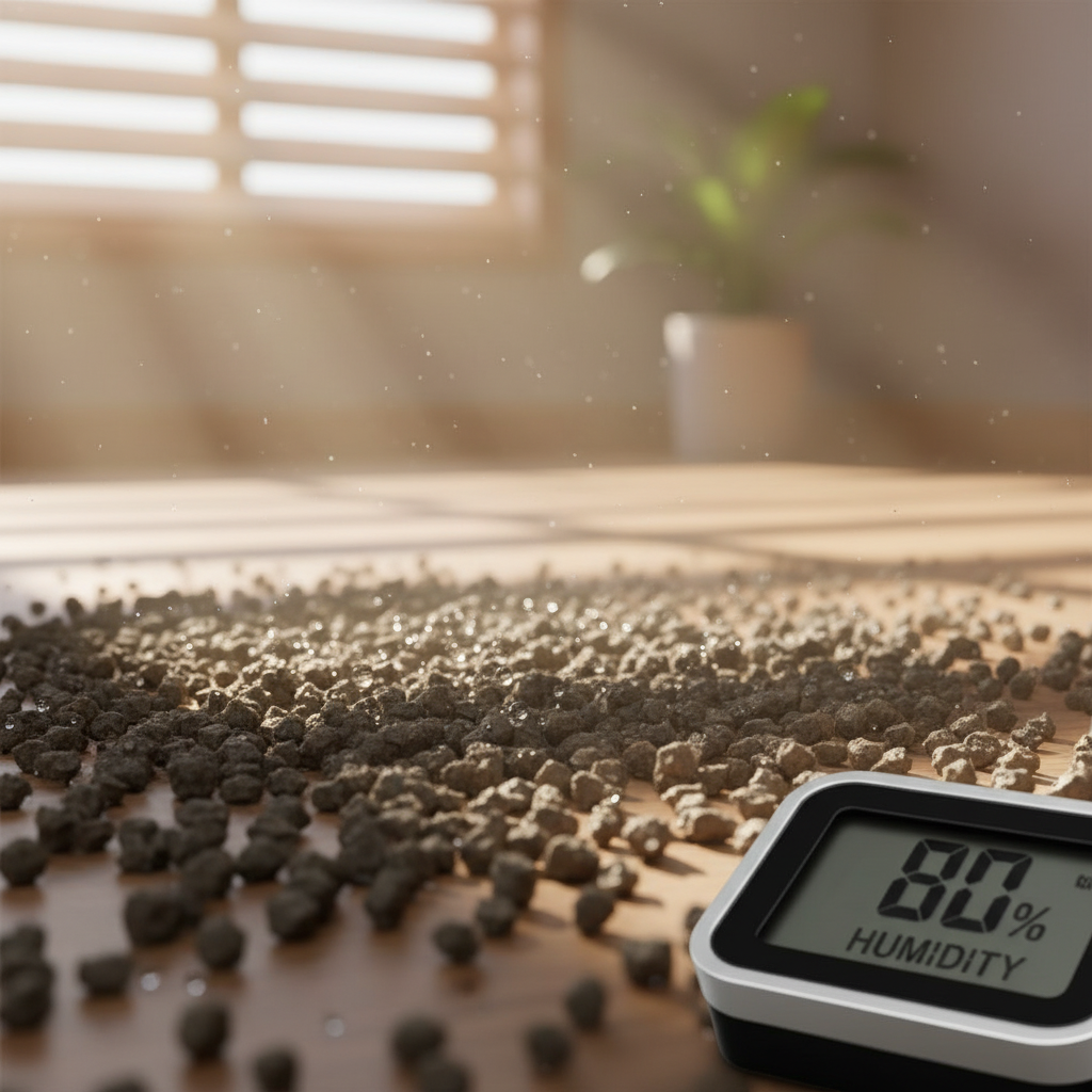 Close-up of cat litter granules with humidity moisture in a Malaysian apartment showing 80% humidity gauge