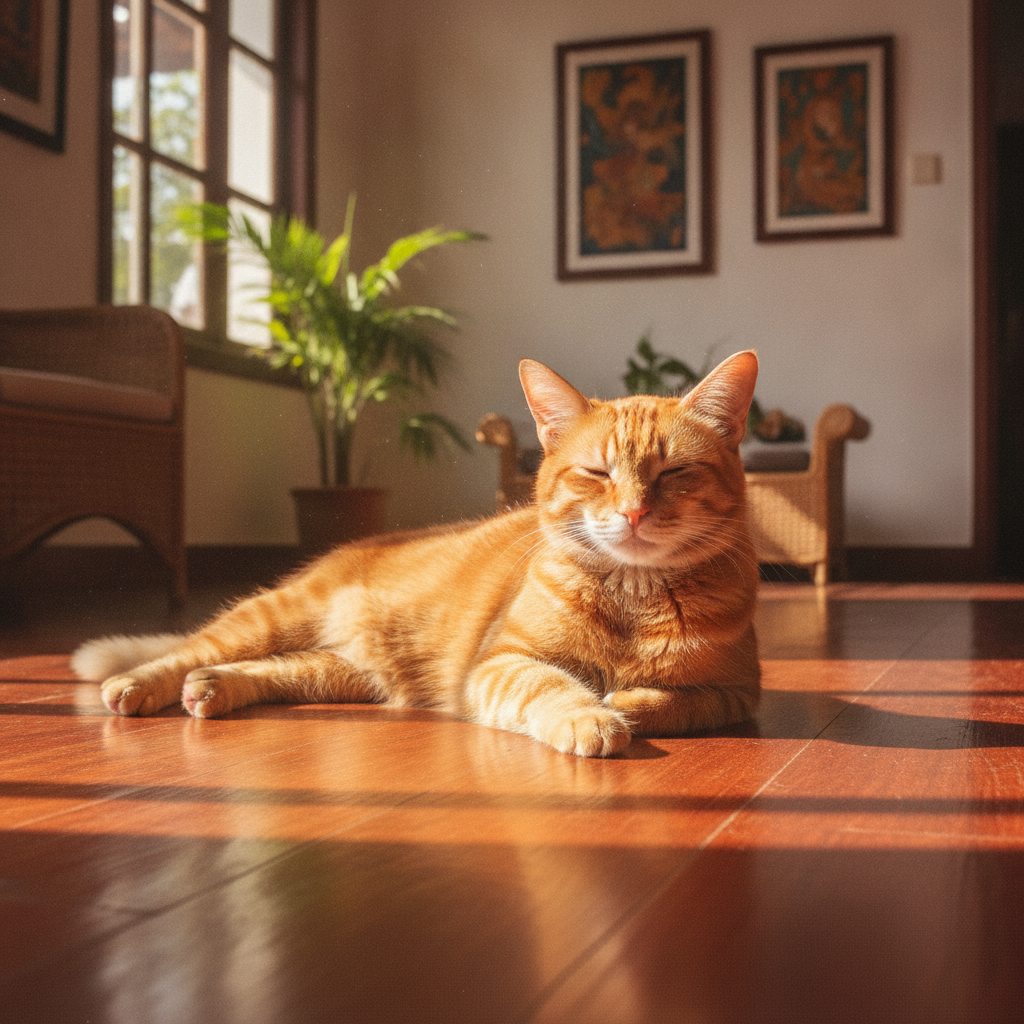 Seekor kucing oren ginger yang cerah dalam cahaya matahari yang hangat