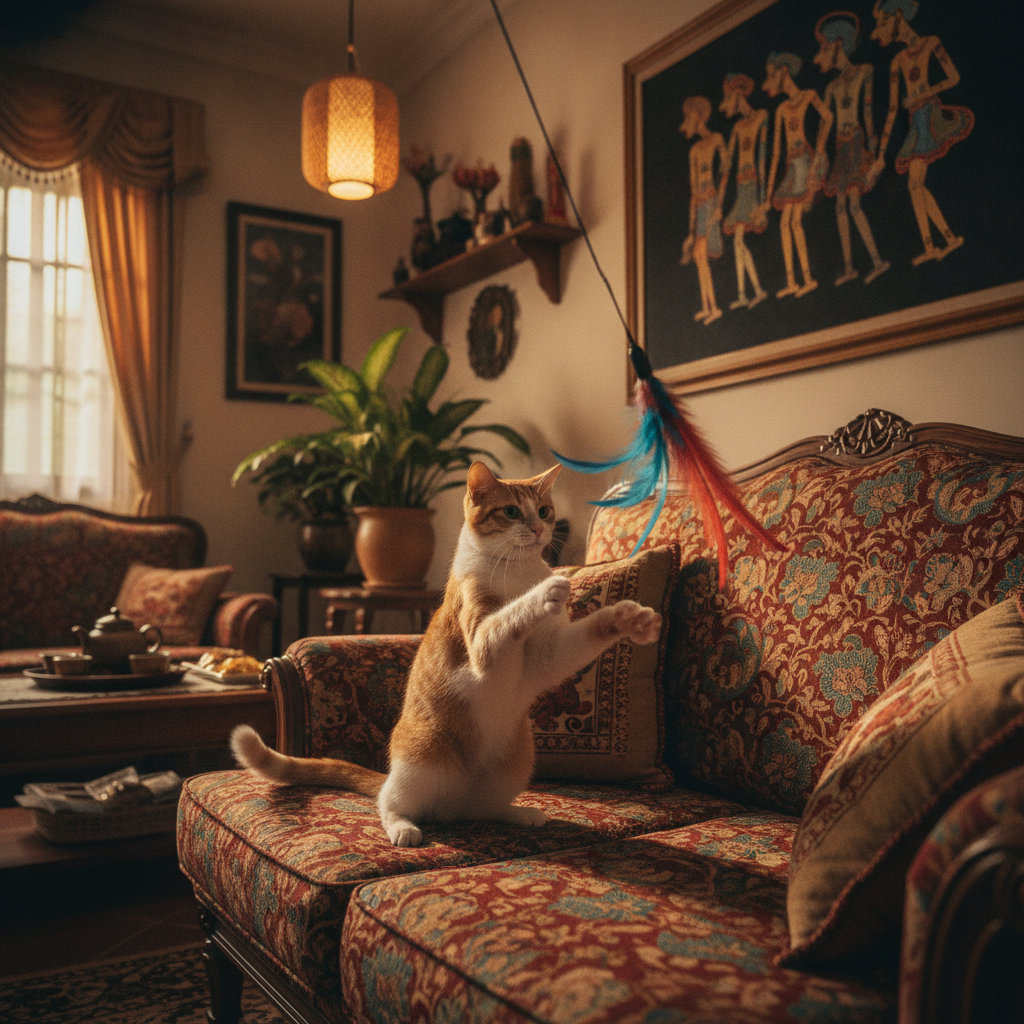 Seekor kucing yang riang dan berwatak sedang menepuk mainan bulu