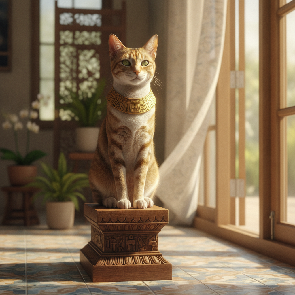 Seekor kucing yang gagah duduk tegak seperti patung Mesir kuno
