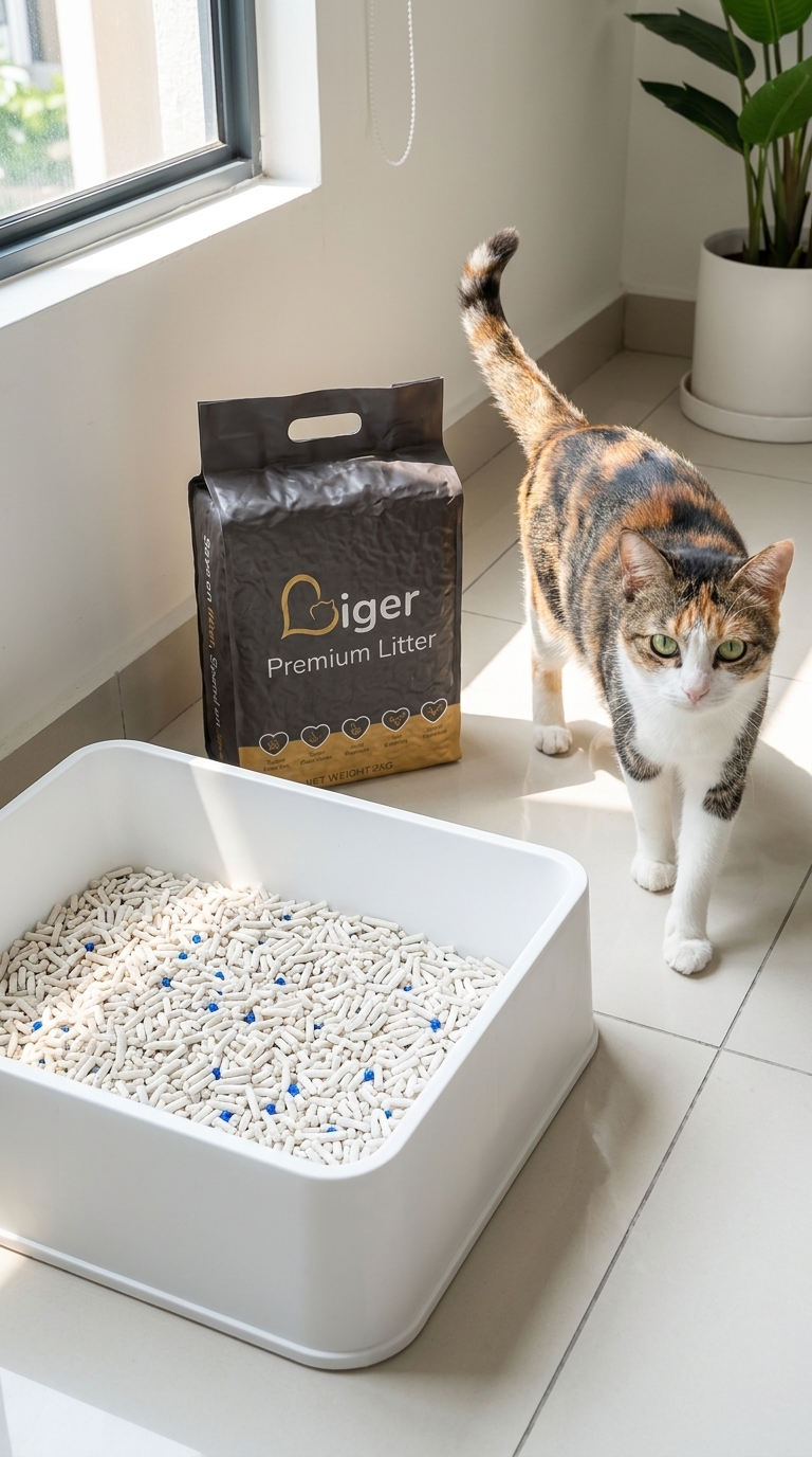 Kawasan kotak pasir yang bersih dengan sebeg pasir kucing tofu Liger