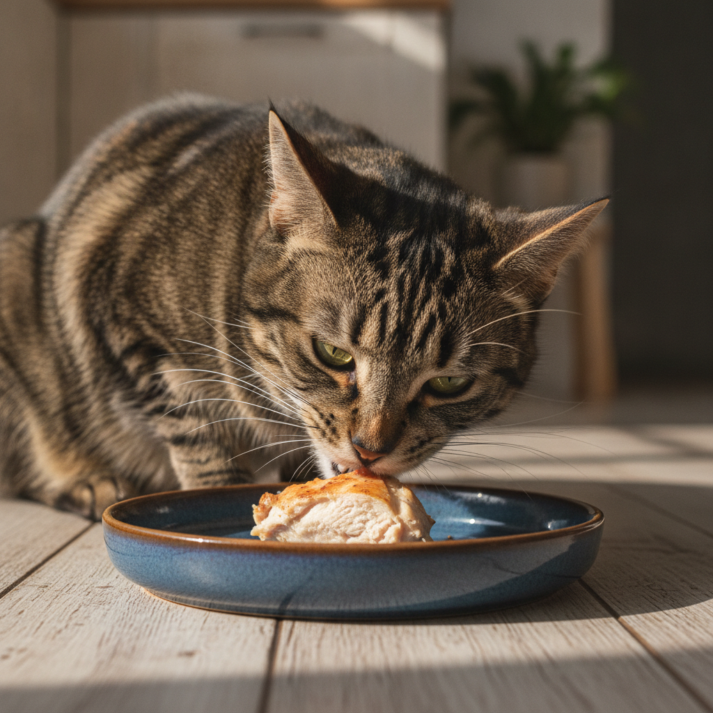 Seekor kucing sedang makan sekeping daging biasa, menggambarkan sifatnya sebagai karnivor sejati