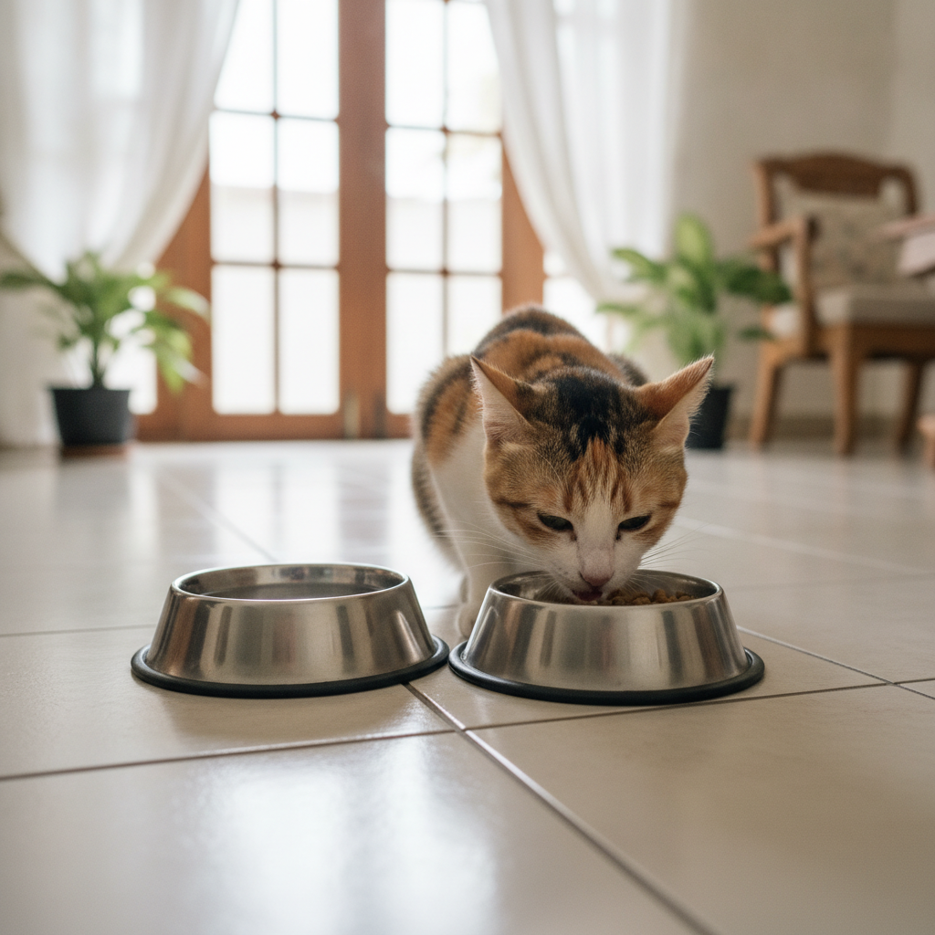 Kucing dewasa yang sihat makan daripada mangkuk di sebelah mangkuk air dalam rumah Malaysia yang cerah