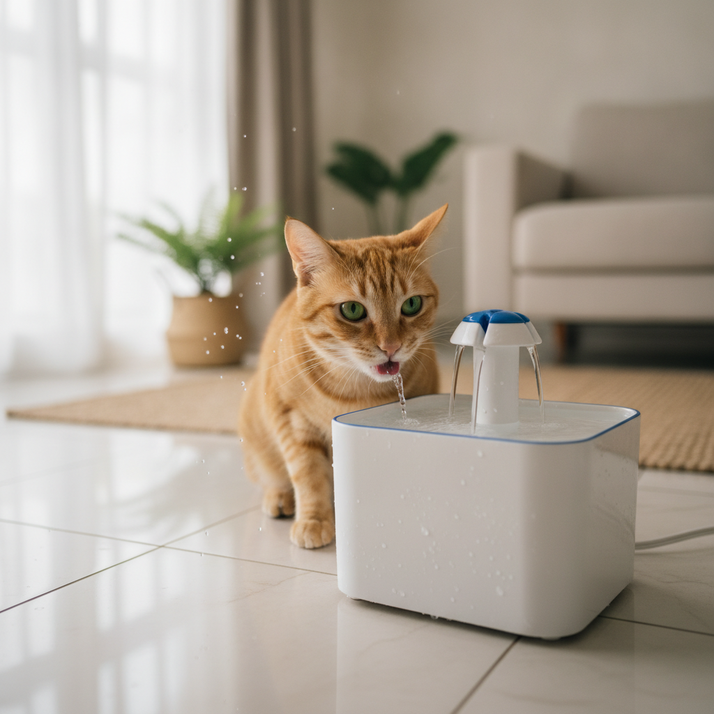 Seekor kucing minum air segar daripada pancutan air haiwan peliharaan, menggambarkan kepentingan penghidratan