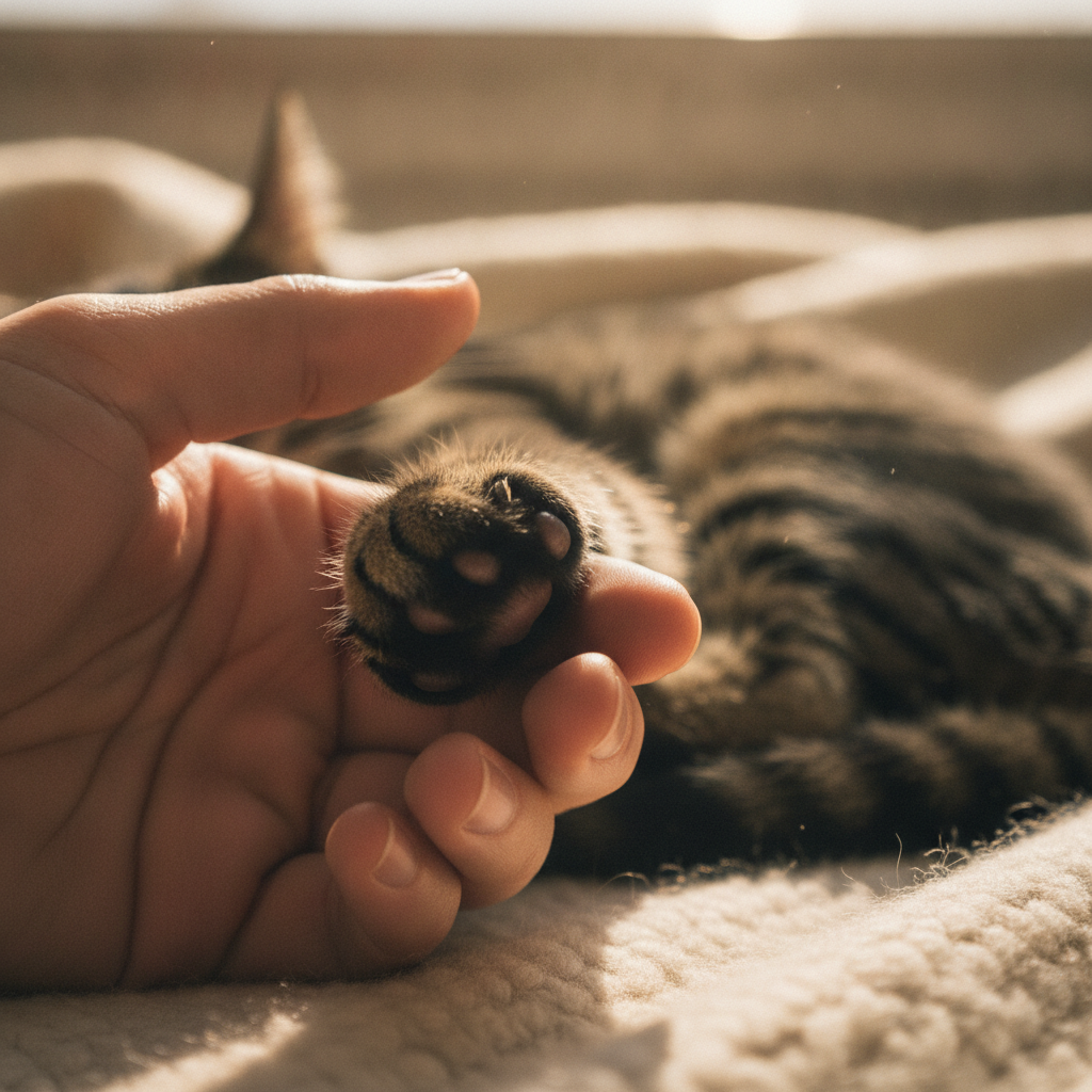 主人在家温柔地检查猫咪的爪垫