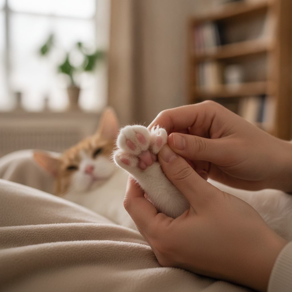 主人轻轻掰开猫咪脚趾检查肉垫和指甲