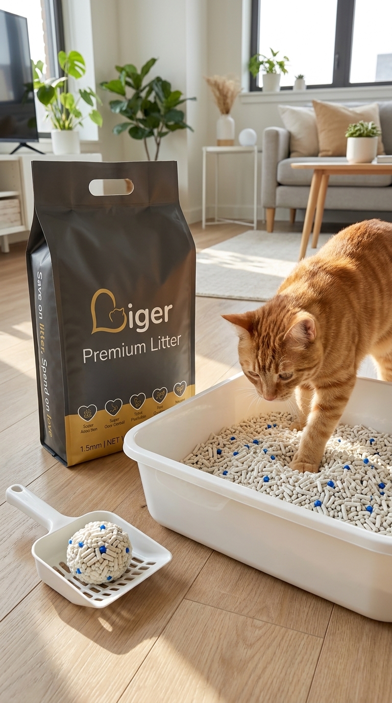 猫咪踩进装有柔软 Liger 豆腐猫砂的猫砂盆,对爪垫温和无刺激