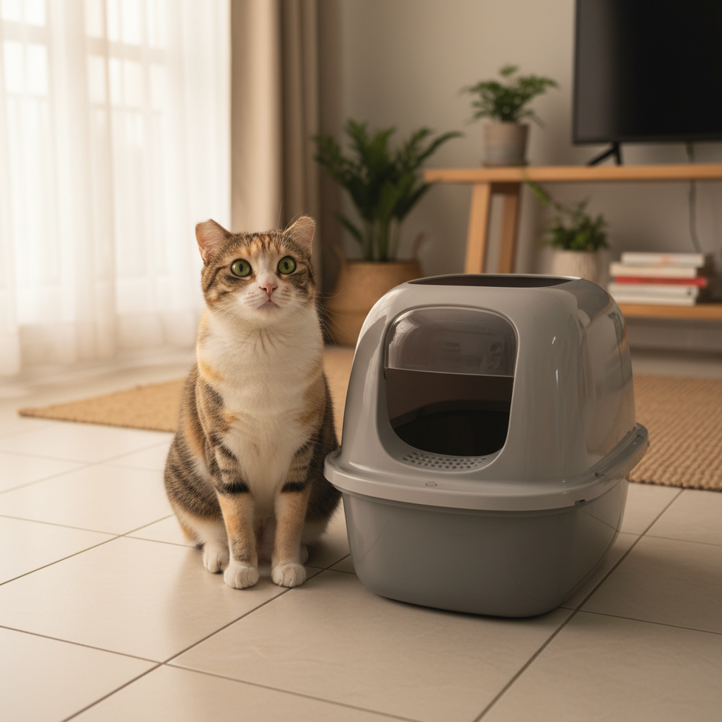 A guilty-looking cat sitting on the floor beside its litter box in a Malaysian home