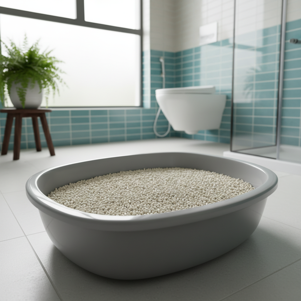 A large clean open litter box filled with tofu litter in a bright bathroom