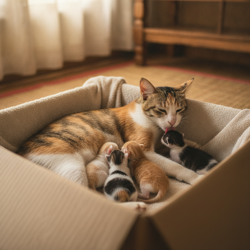 Seekor kucing ibu menyusukan anak-anak kucingnya yang baru lahir dalam kotak berlapis tuala yang lembut