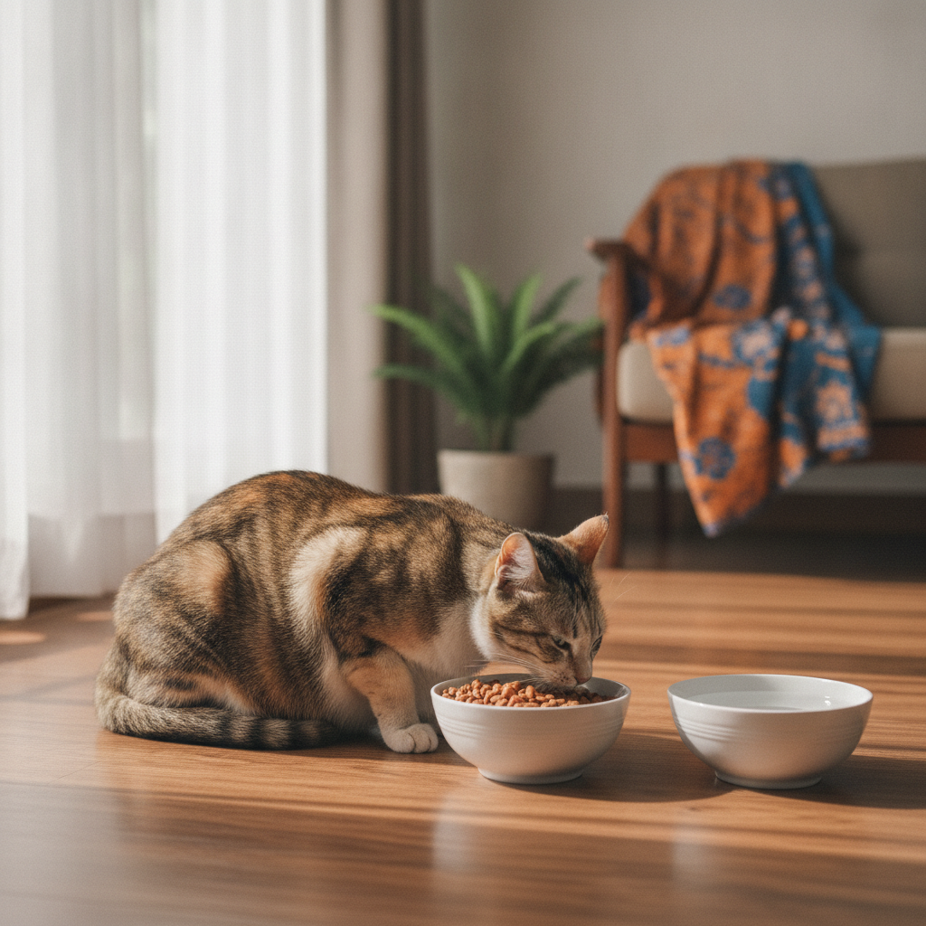 Seekor kucing hamil yang gembira makan dari mangkuk bersih di rumah Malaysia yang cerah dan kemas