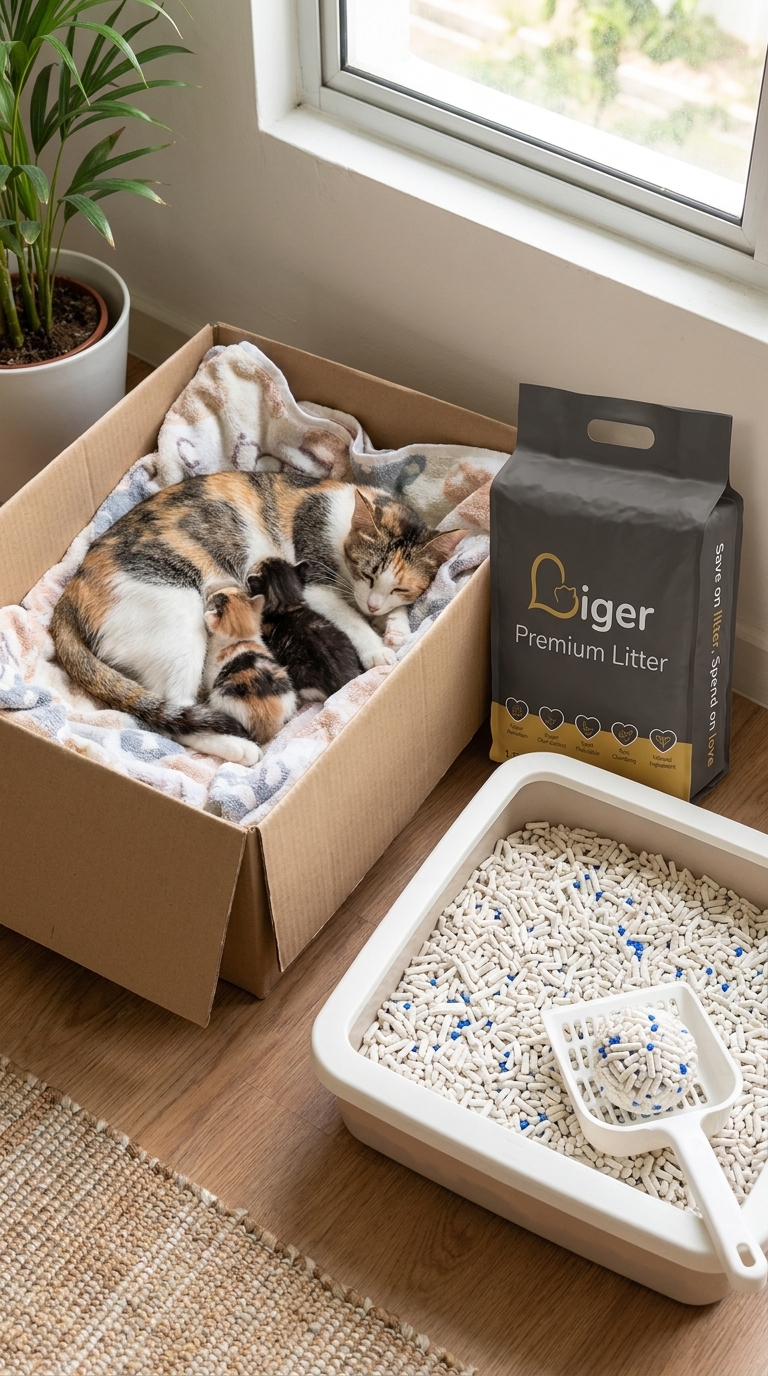 Seekor kucing ibu dan anak-anak kucing berhampiran beg Liger Premium Tofu Cat Litter dan dulang bersih di sudut rumah