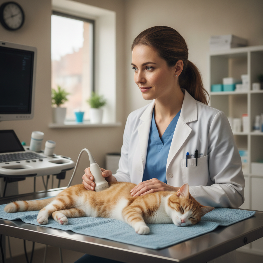 Seorang doktor haiwan melakukan ultrasound ke atas seekor kucing yang tenang di meja pemeriksaan klinik