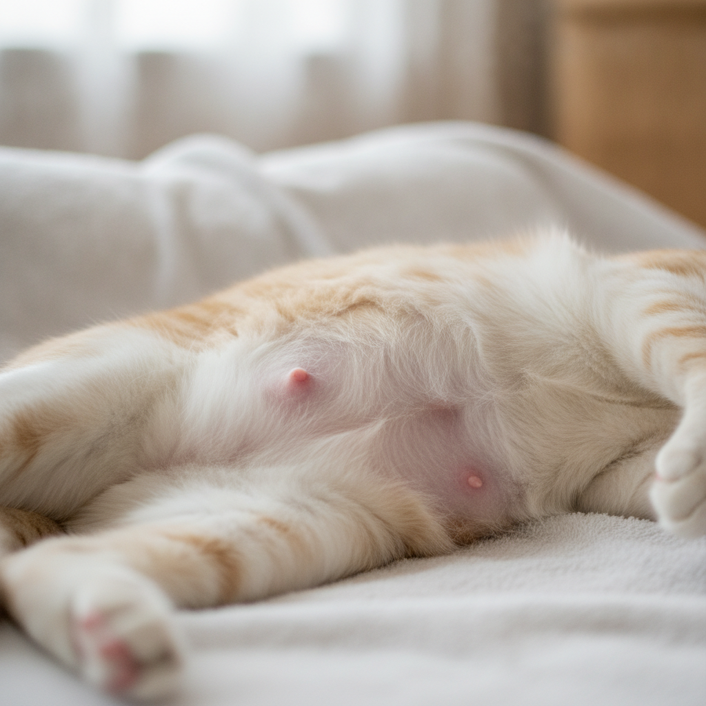 Pandangan dekat seekor kucing mengandung yang berehat sambil menunjukkan perut yang membulat