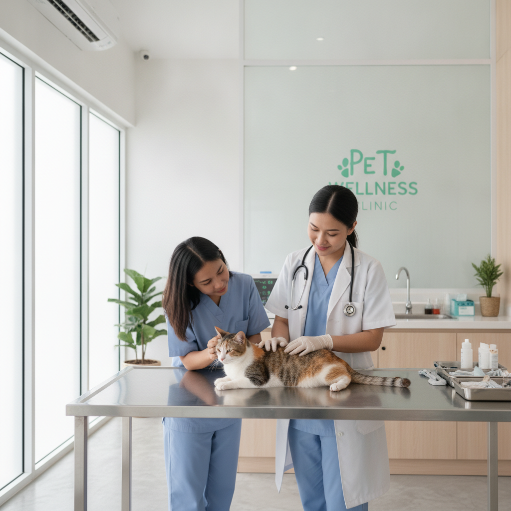 Kucing menjalani pemeriksaan kesihatan pencegahan dan vaksinasi di klinik vet Malaysia