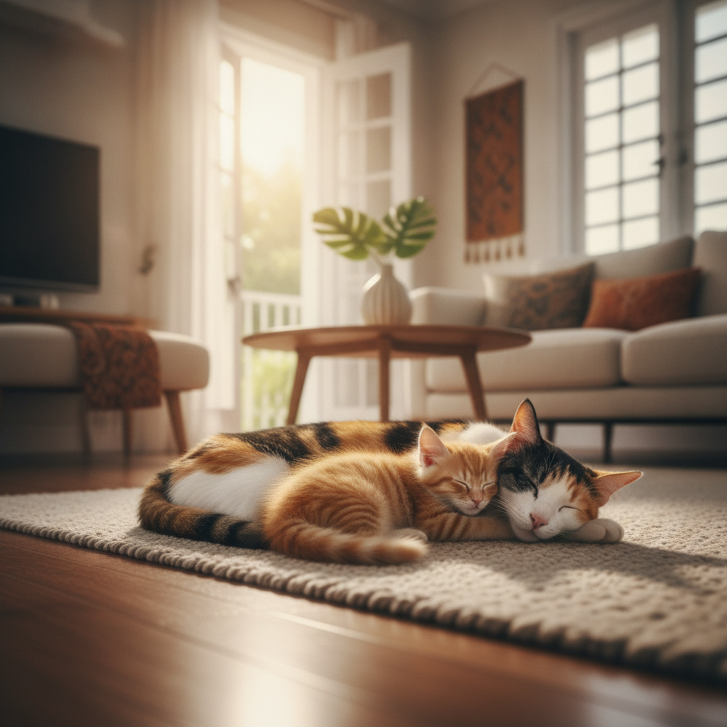 Seekor kucing dewasa dan anak kucing berehat bersama, menggambarkan penjagaan pencegahan mengikut peringkat usia