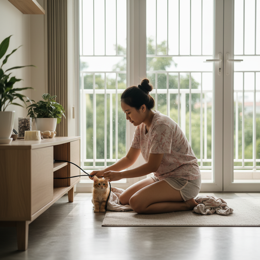 An owner cat-proofing an apartment, securing cords while a curious kitten watches