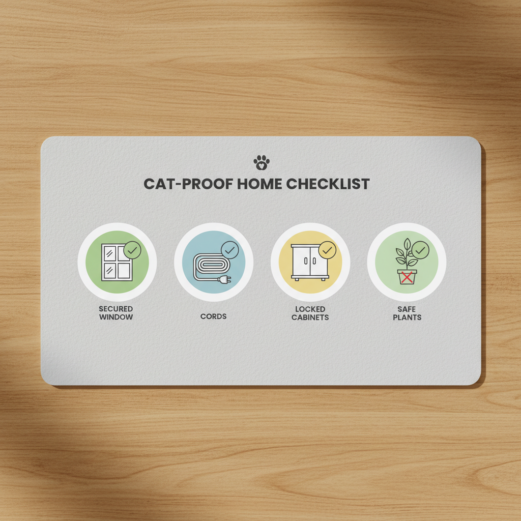 A room-by-room cat-proofing checklist concept with safety icons