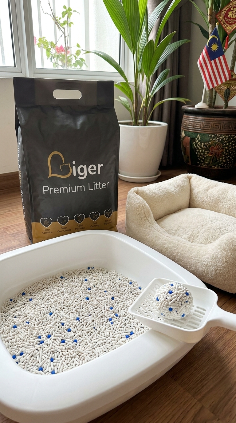 Pek Liger Premium Tofu Cat Litter di sebelah kotak pasir pintu masuk rendah berhampiran tilam kucing