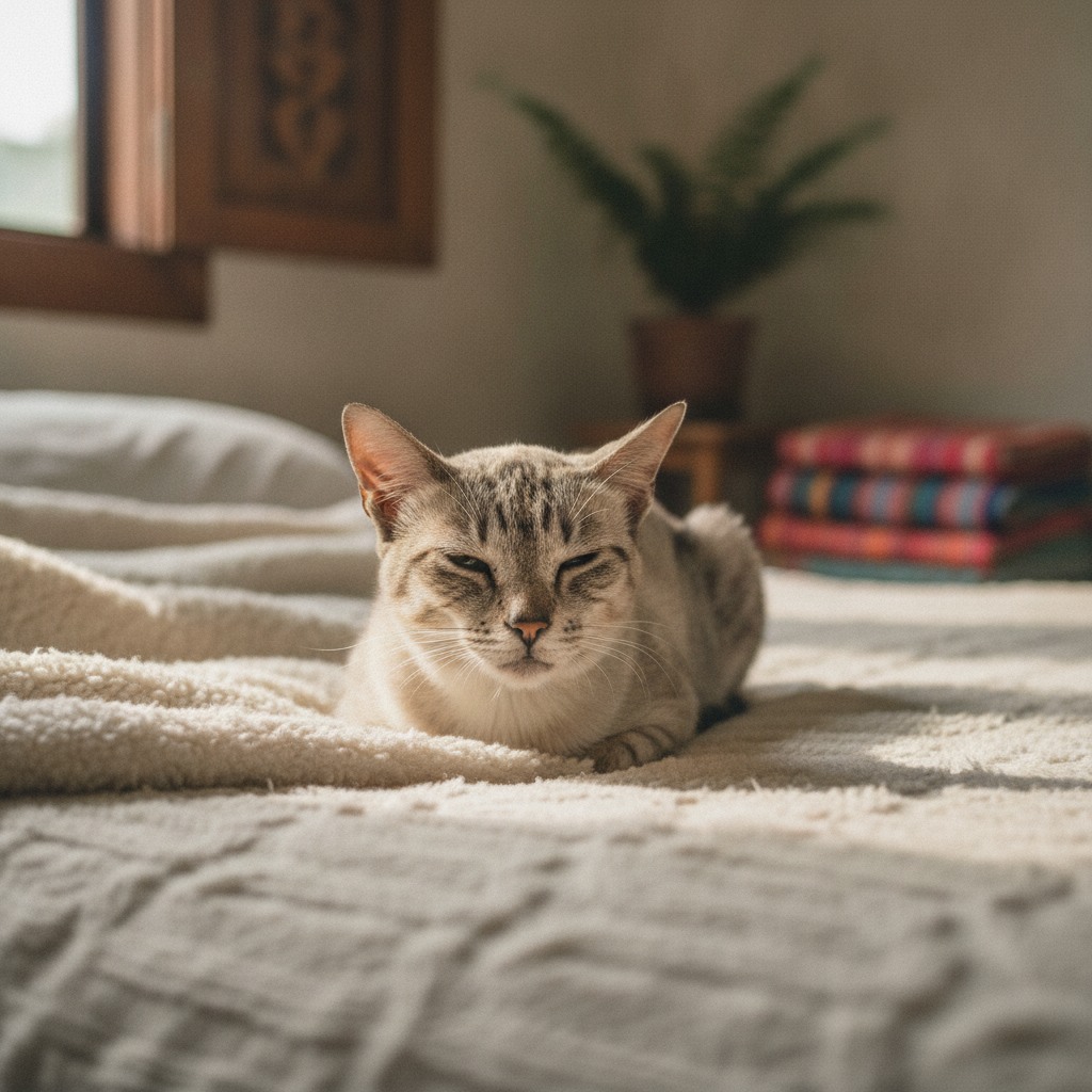 Seekor kucing tua yang lemah berehat dengan tenang di atas tilam lembut di rumah