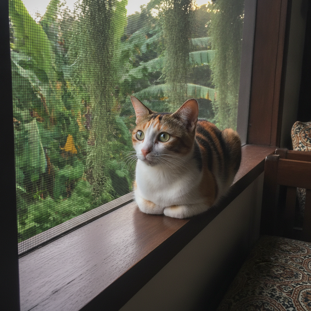 Kucing melihat keluar melalui skrin tingkap, menggambarkan risiko pendedahan kucing dalam rumah