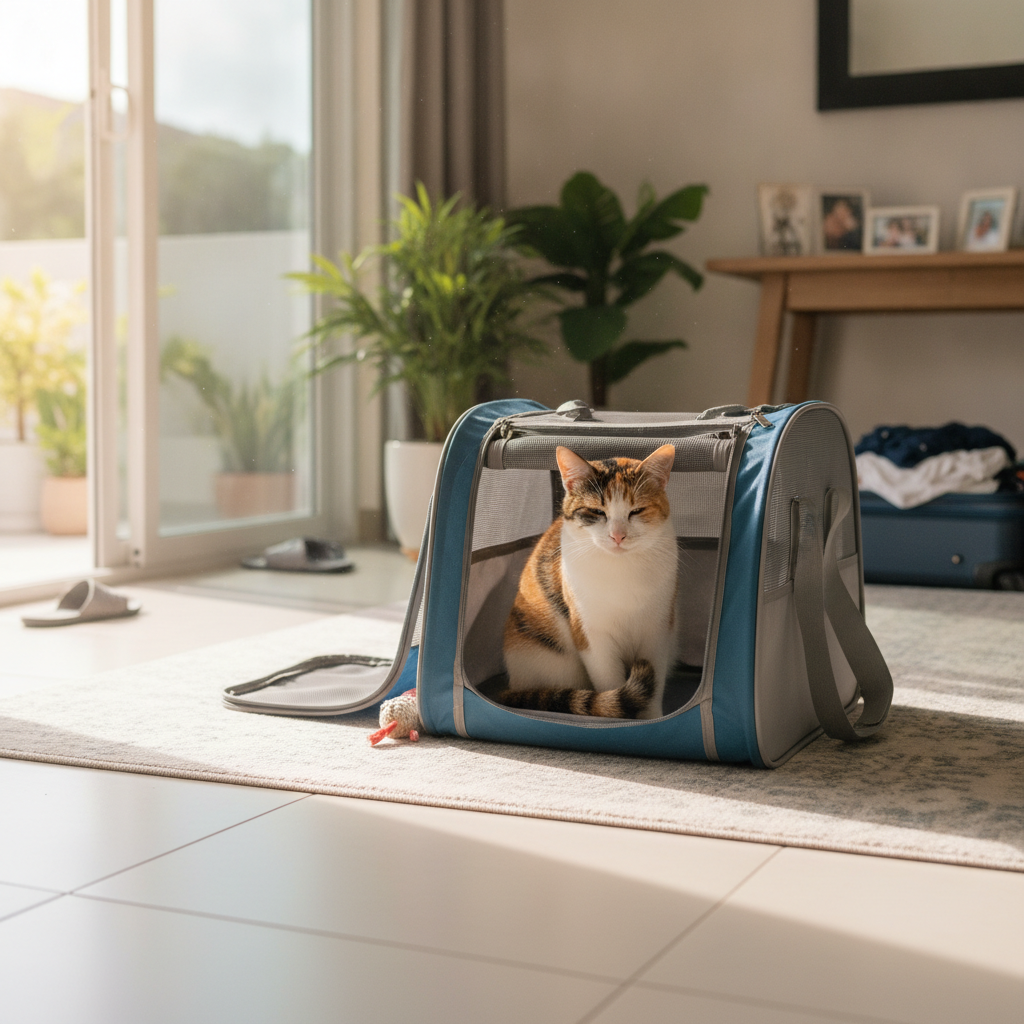 Kucing berehat dengan tenang dalam carrier perjalanan, bersedia untuk lawatan klinik atau perjalanan