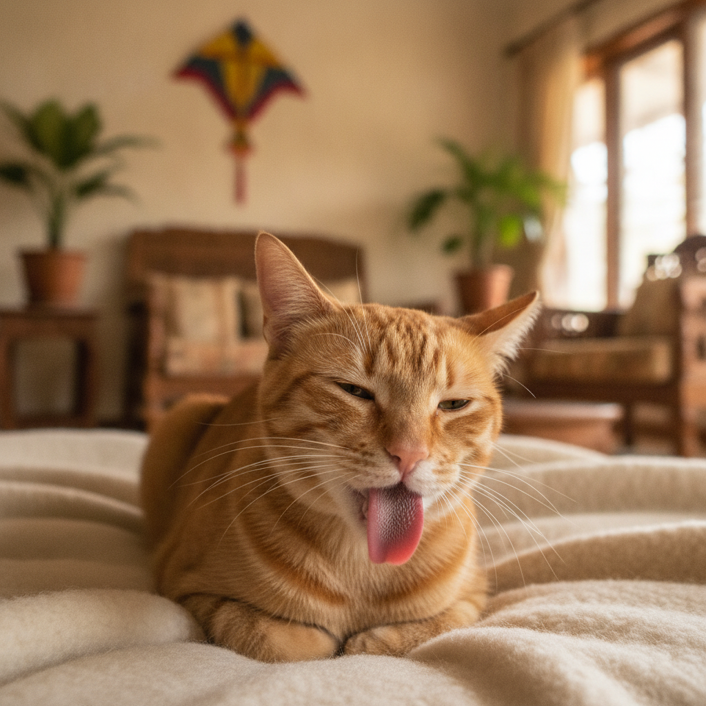 Close-up seekor kucing yang sedang grooming, menunjukkan lidahnya yang berduri