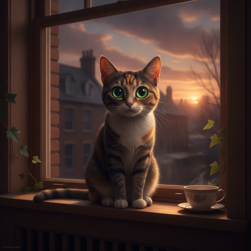 Seekor kucing yang cergas melihat sekelilingnya dengan mata lebar dan telinga tegak